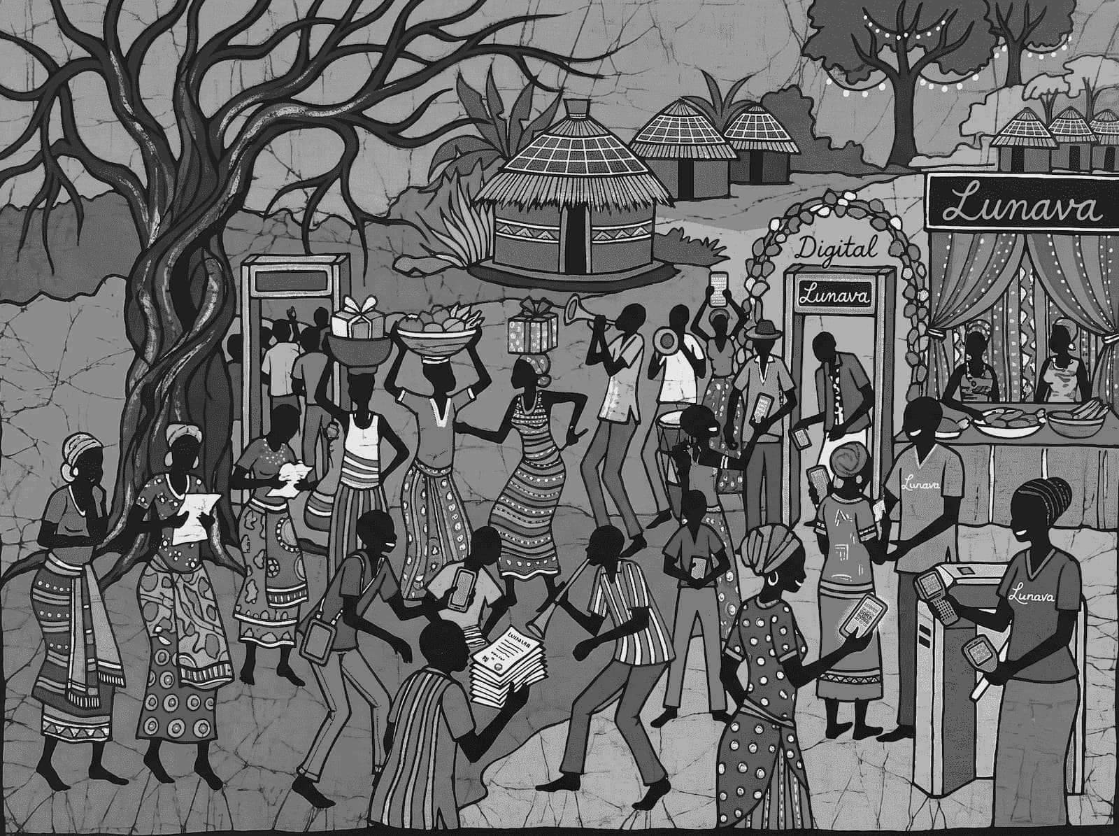 Pintura em batik de uma celebração africana com música, dança e comida